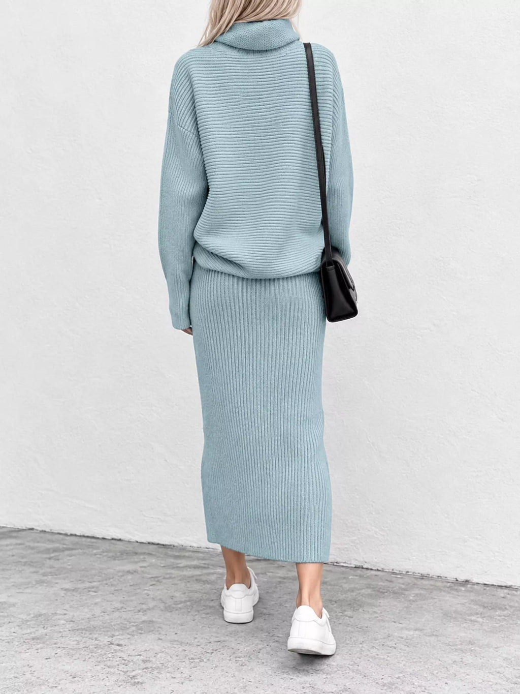 Ribbed Turtleneck Sweater Set Matching Midi Skirt (18)