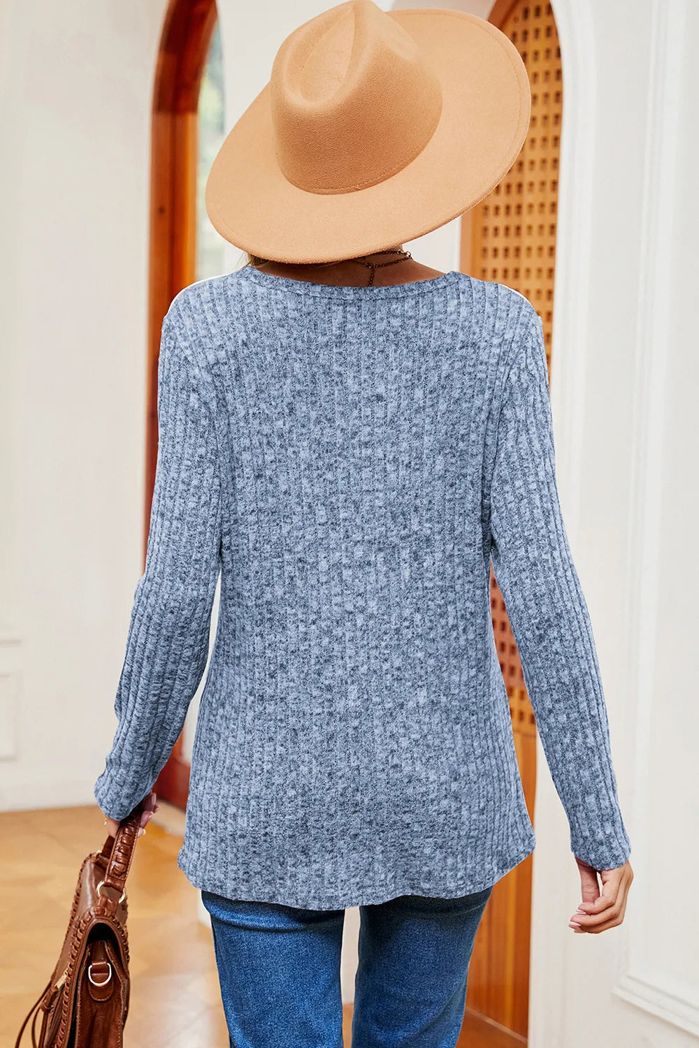 Eyelet Ribbed Round Neck Long Sleeve T-shirt (12)