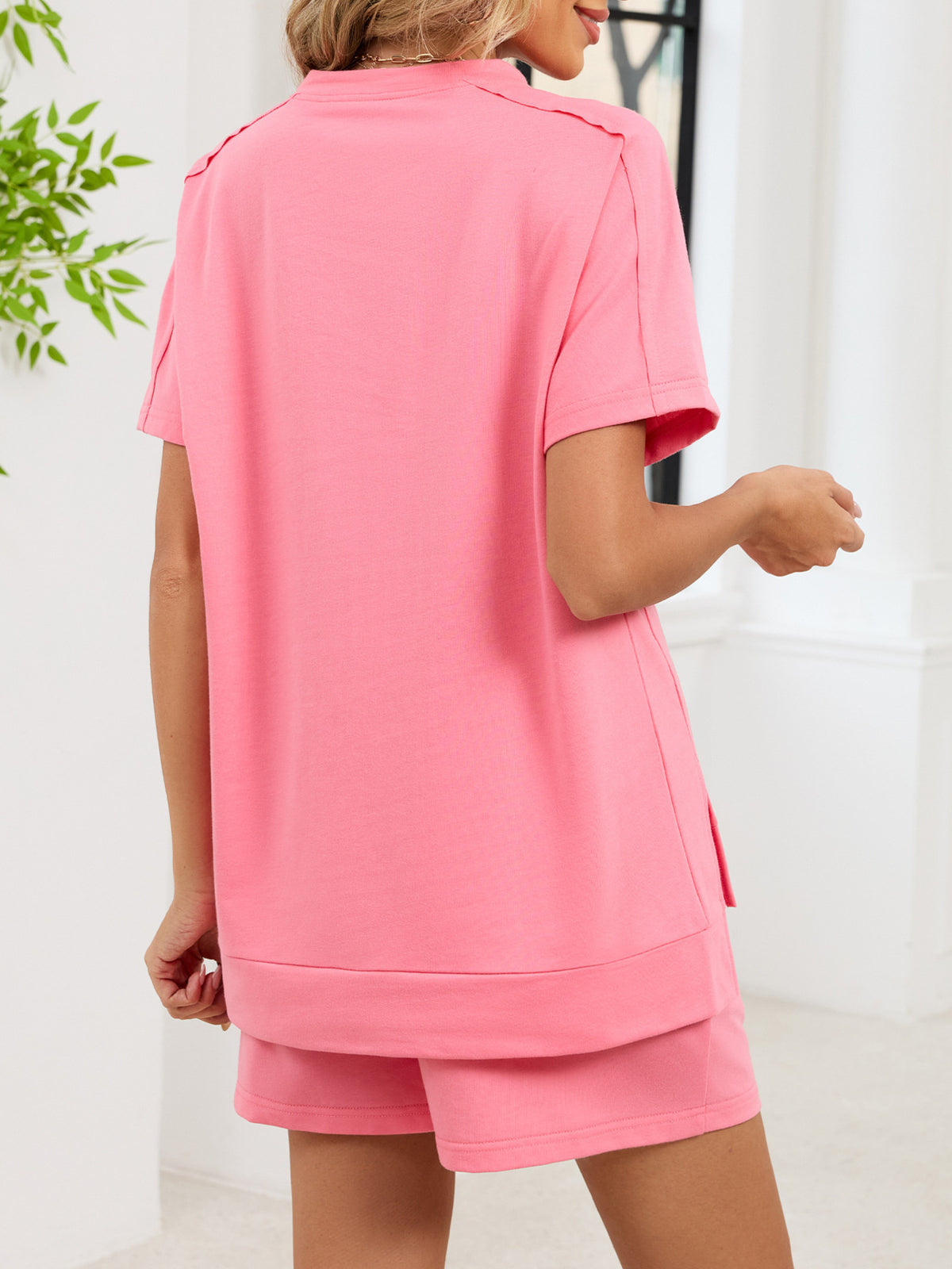 Round Neck Short Sleeve T-shirt Shorts Set (16)