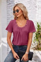 Decorative Button Scoop Neck T-shirt (31)