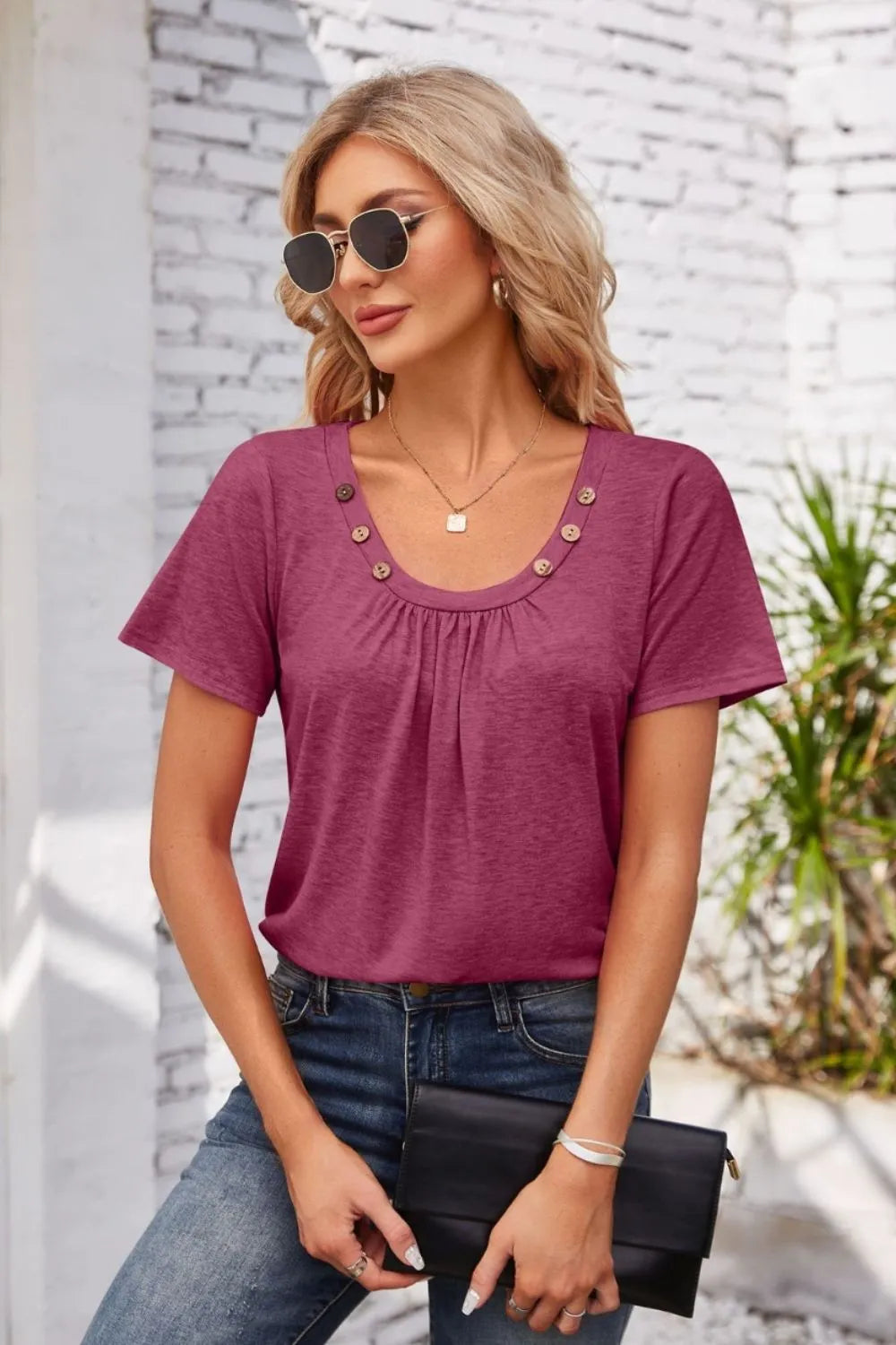 Decorative Button Scoop Neck T-shirt (31)