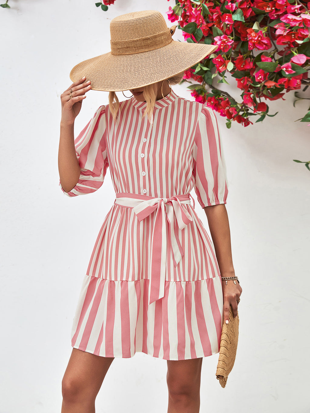 Striped Half Sleeve Tie Waist Mini Dress (4)