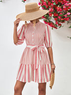 Striped Half Sleeve Tie Waist Mini Dress (4)