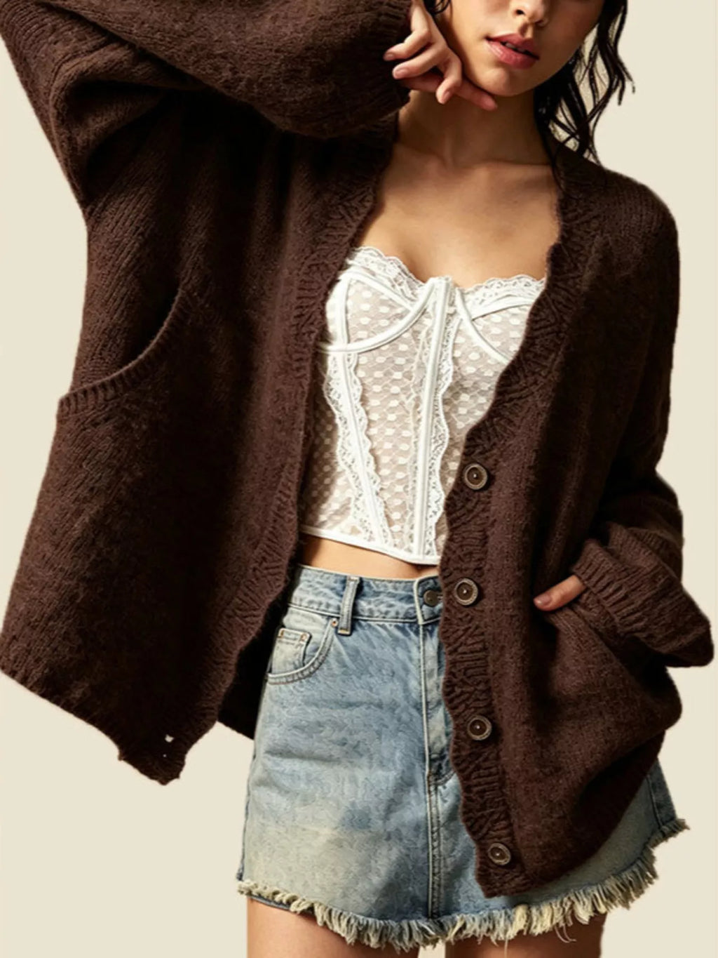 V-neck Button-down Knit Cardigan (6)