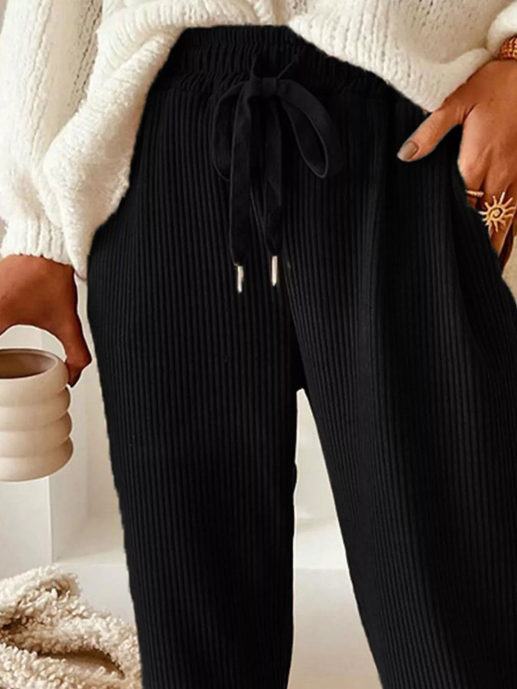 Casual Corduroy Drawstring Waist Pants (11)
