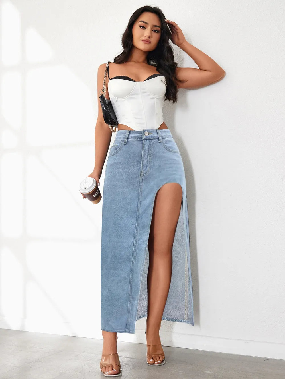 High Rise Slit Denim Skirt (7)