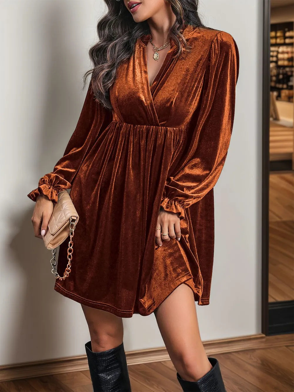 Ruched Surplice Long Sleeve Mini Dress (12)
