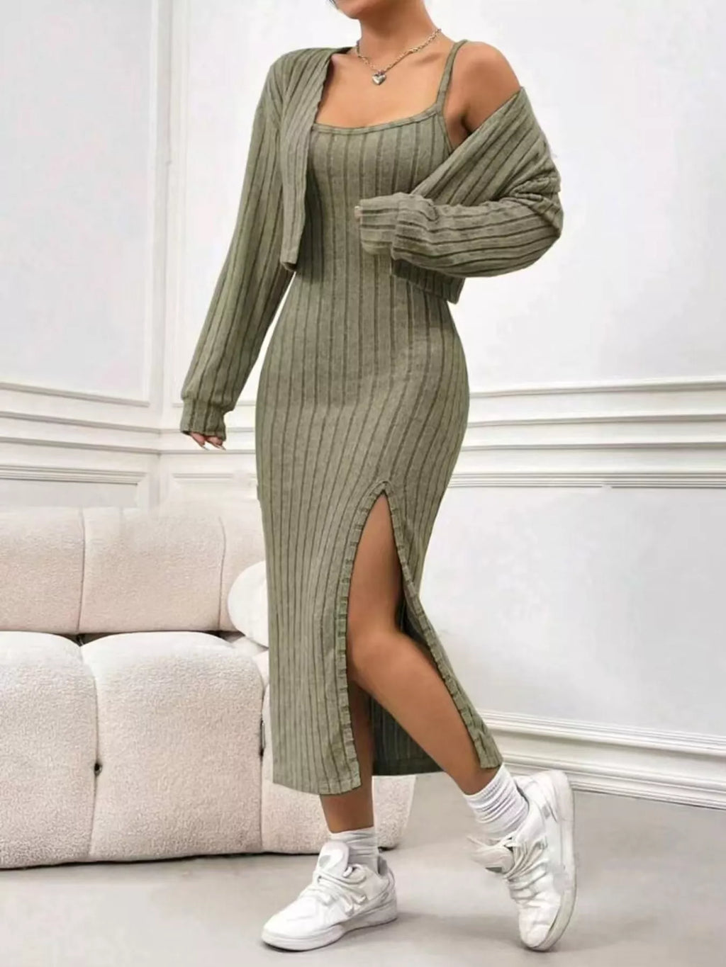 Ribbed Knit Cami Dress Cardigan Set (4)