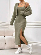 Ribbed Knit Cami Dress Cardigan Set (4)