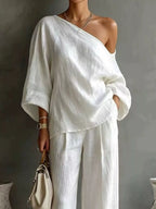 One Shoulder Top Wide Leg Pants Set (2)