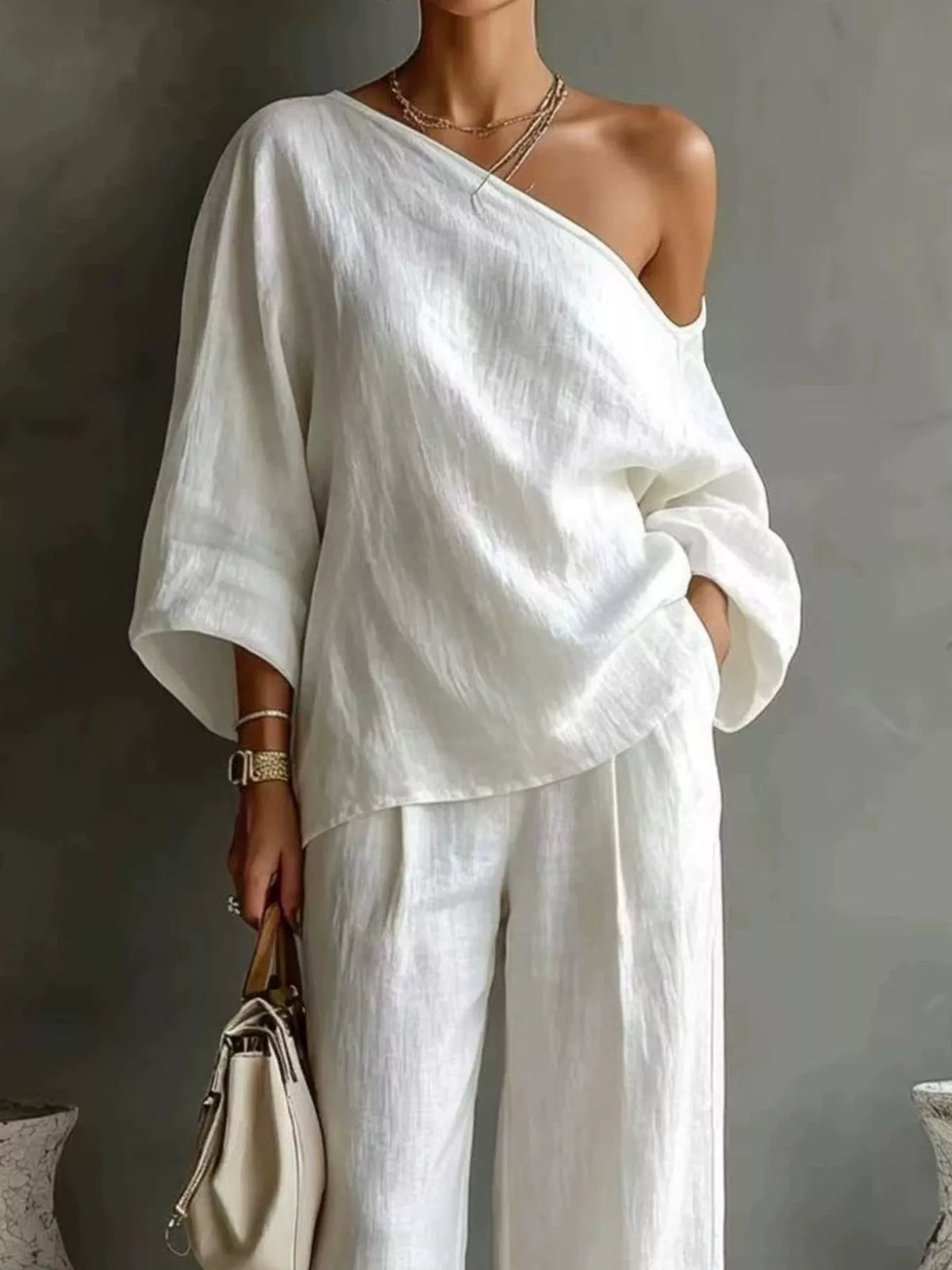 One Shoulder Top Wide Leg Pants Set (2)