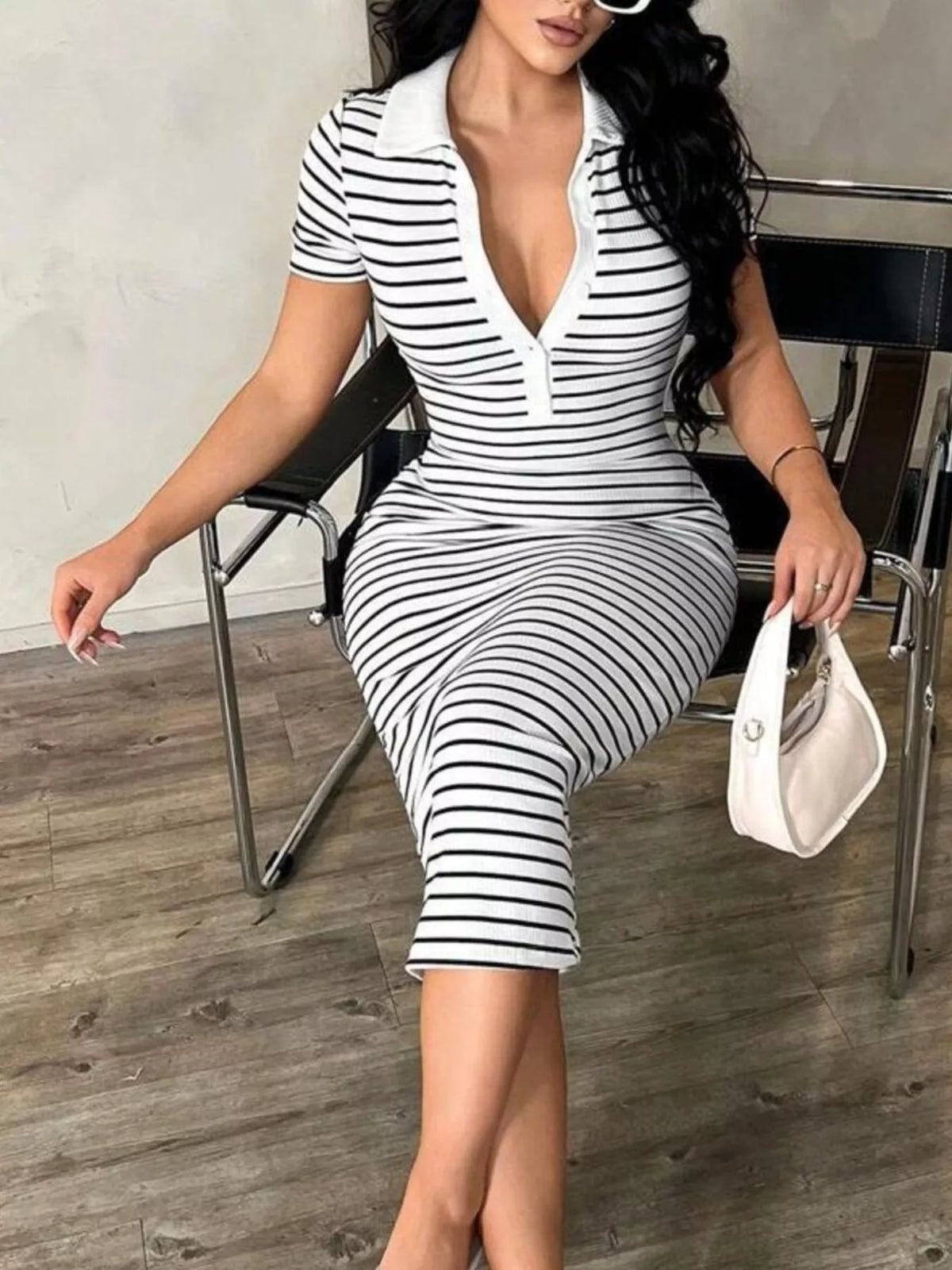 Striped Short Sleeve Bodycon Midi Dress (2)