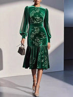 Velvet Floral Lantern Sleeve Midi Dress (4)