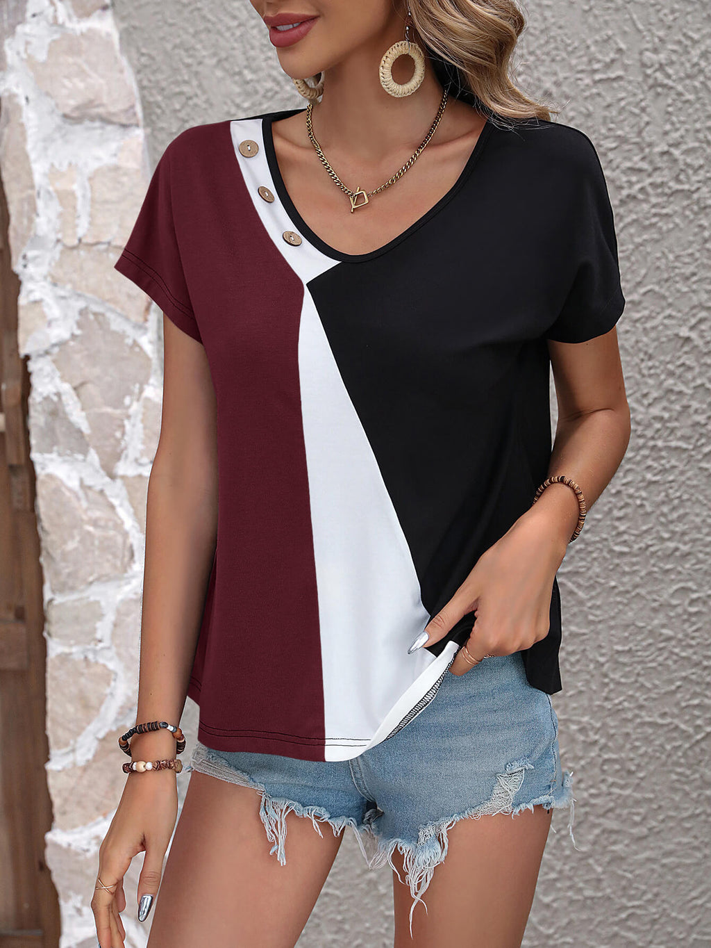 Block Decorative Button V-neck Tee (8)
