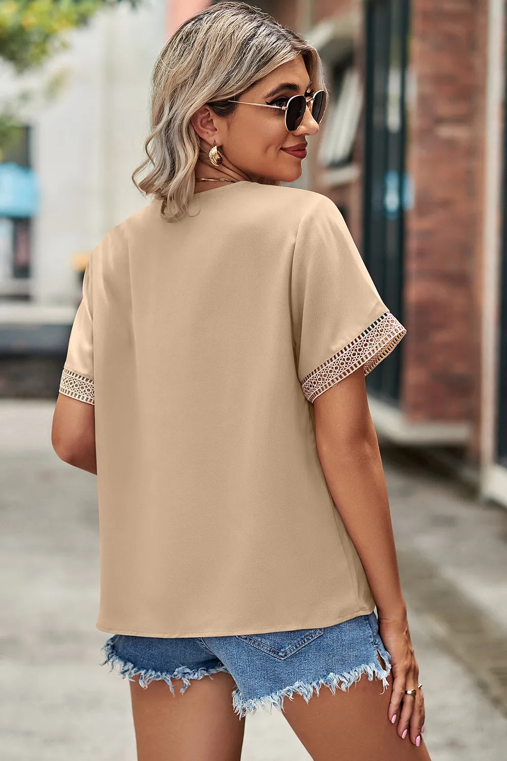 Openwork V-neck Short Sleeve T-shirt (18)