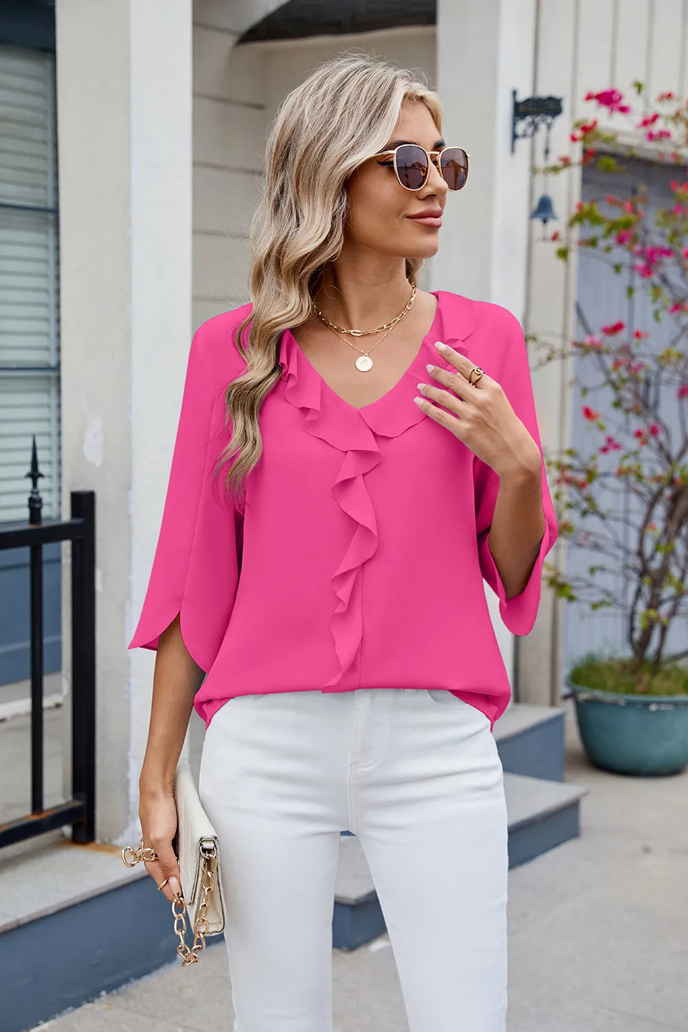 Ruffled V-neck Three-quarter Sleeve Blouse (10)