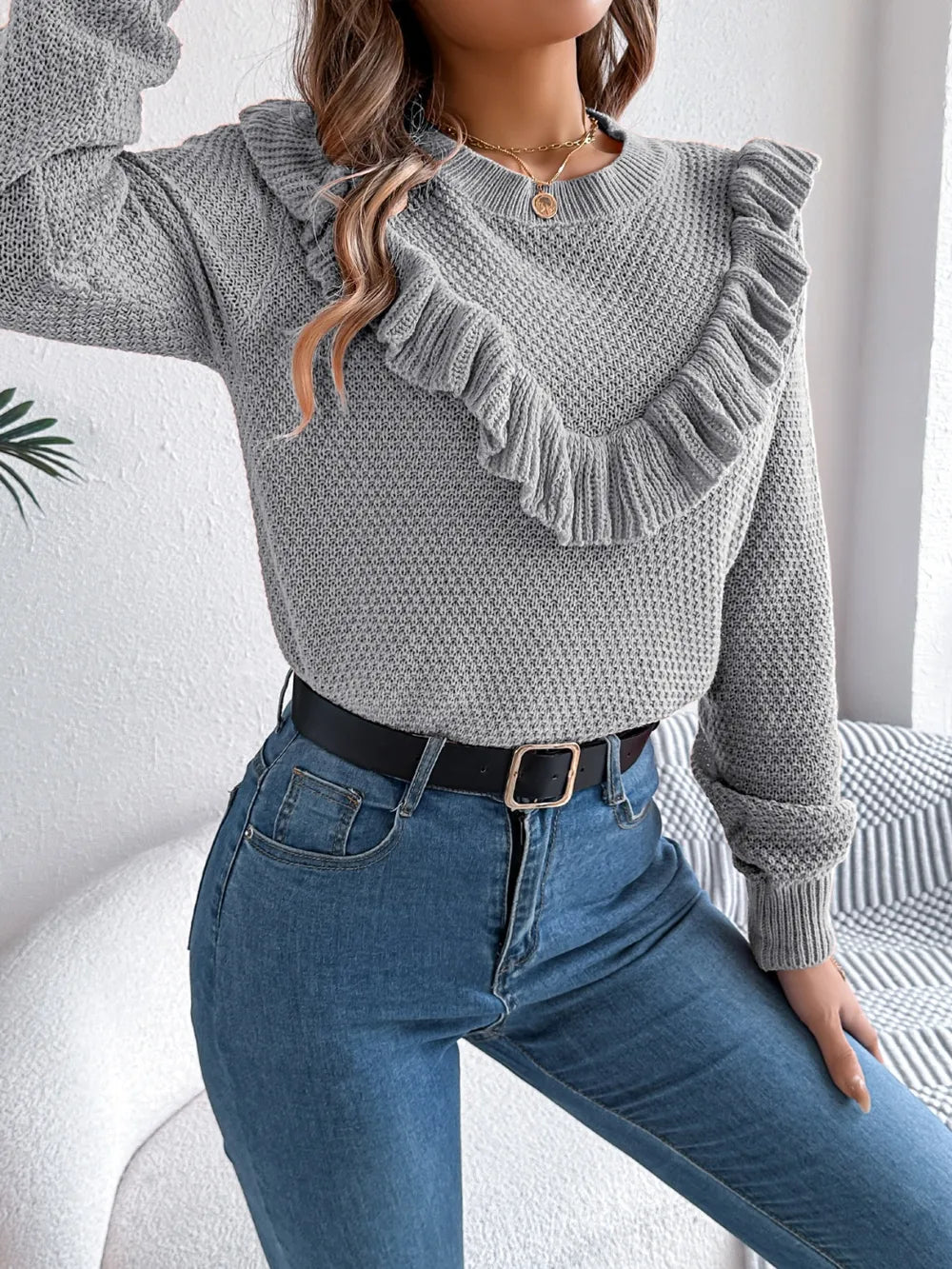Ruffled Round Neck Long Sleeve Sweater (5)