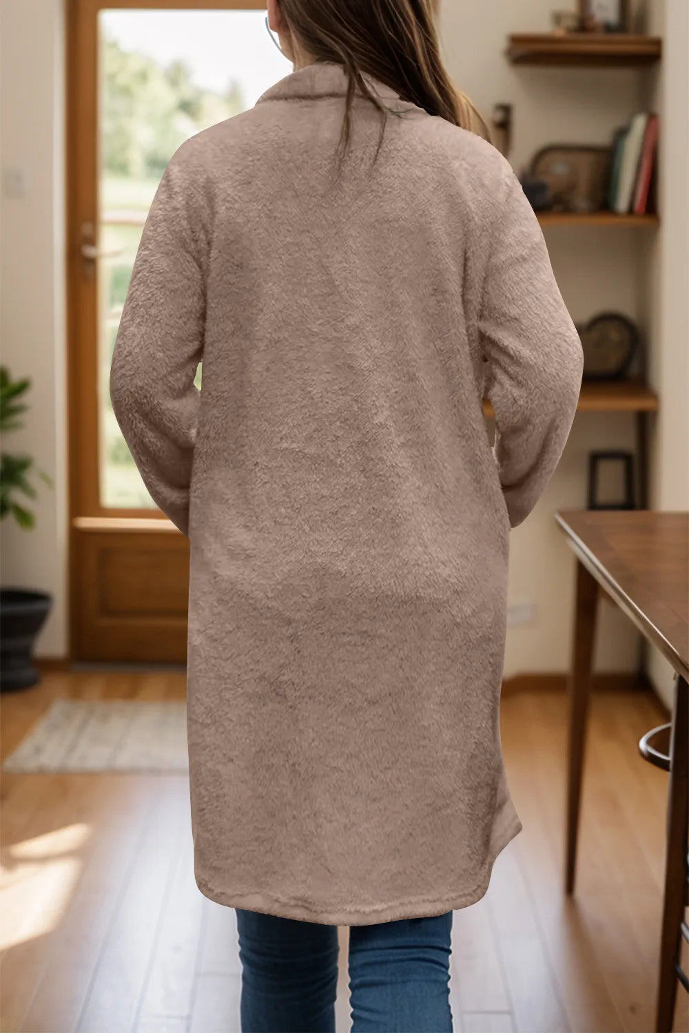 Full Size One Button Long Sleeve Longline Plush Coat (2)