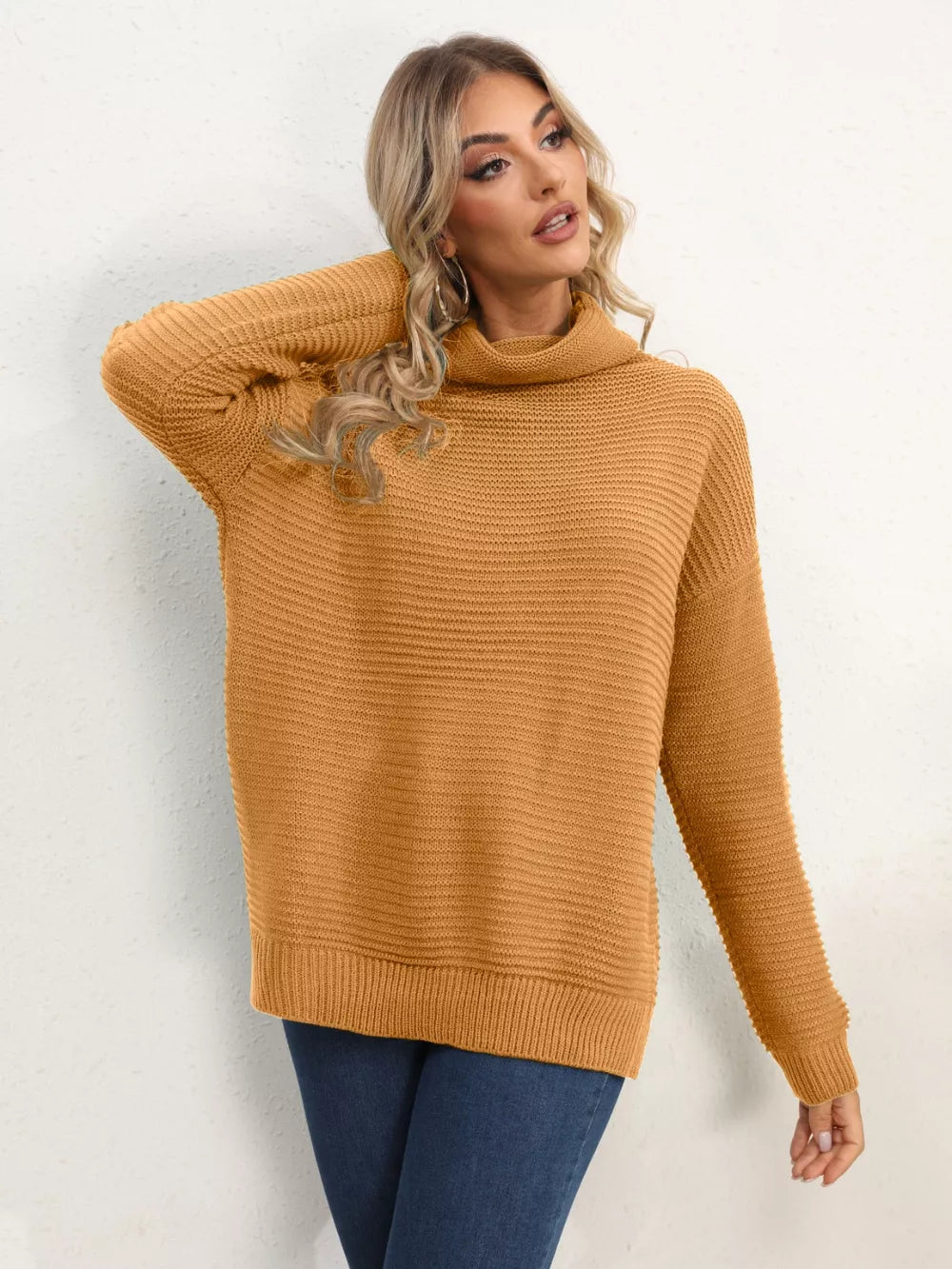 Slit Turtleneck Dropped Shoulder Sweater (17)