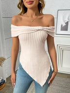 Ribbed Off-shoulder Asymmetrical Hem T-shirt (23)