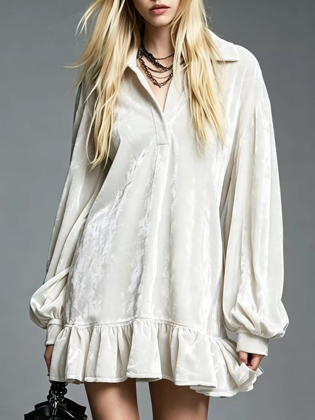 Full Size Velvet Ruffled Hem Long Sleeve Dress Plus