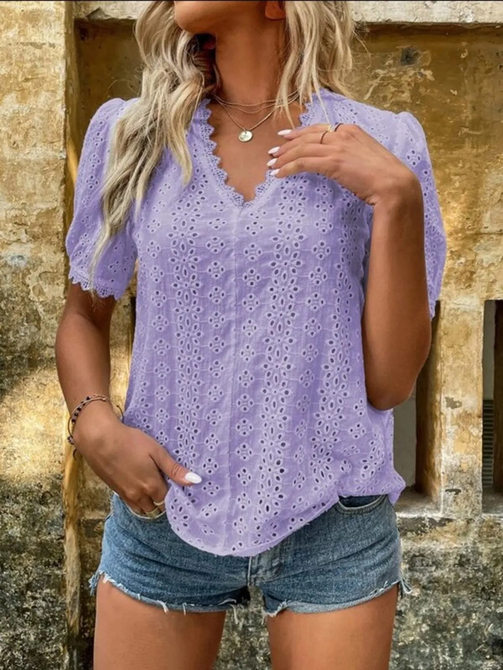 Full Size Eyelet V-neck Short Sleeve Blouse Plus (7)