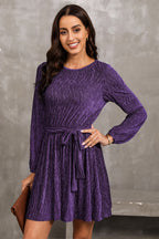Round Neck Tie Front Long Sleeve Dress (4)