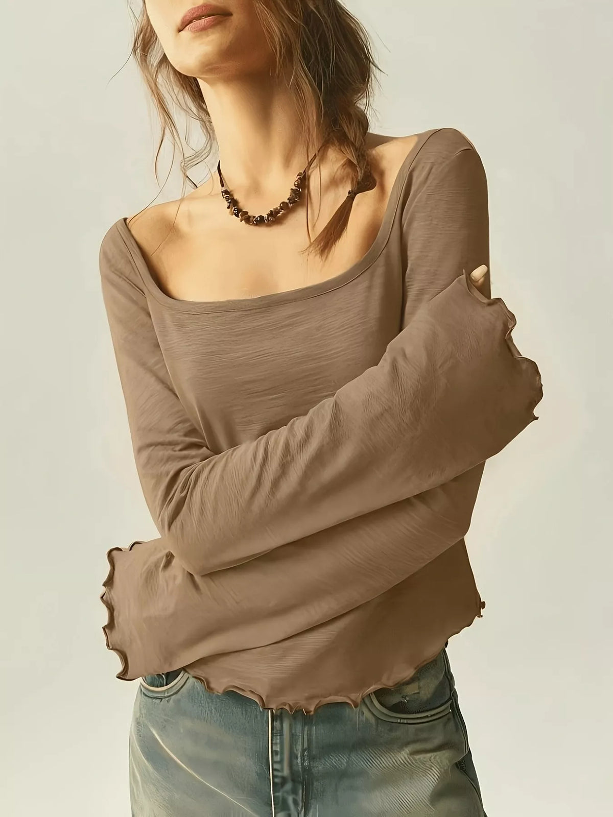 Long Sleeve Square Neck Slim-fit T-shirt (13)
