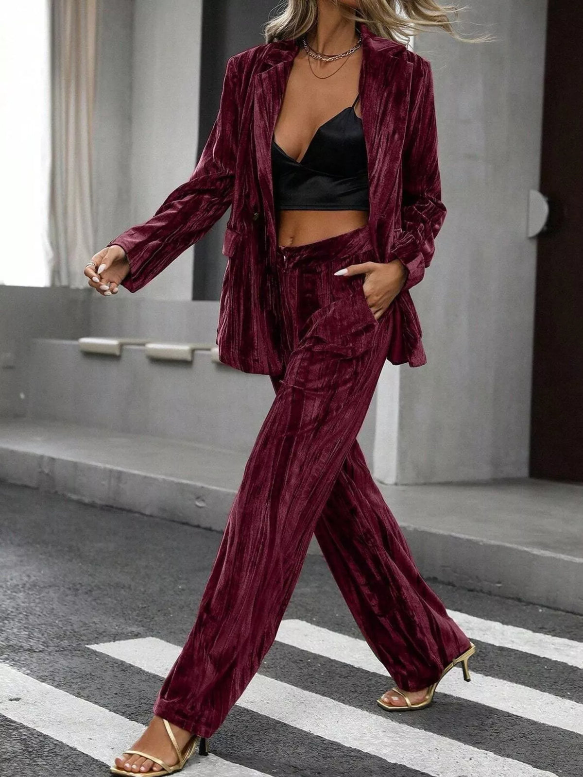 Lapel Collar Long Sleeve Blazer Pants Set (17)