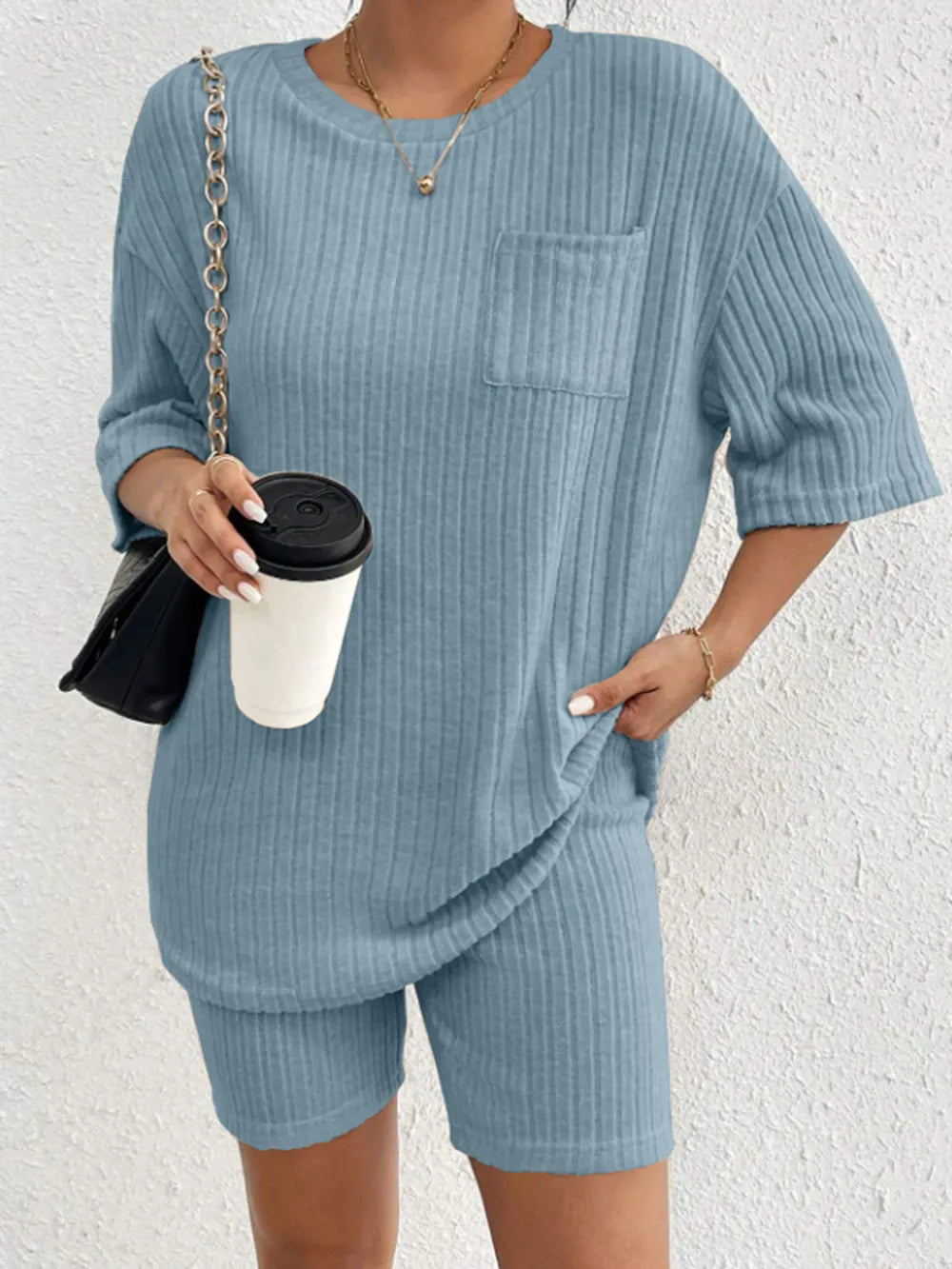 Ribbed Round Neck Top Shorts Set (8)