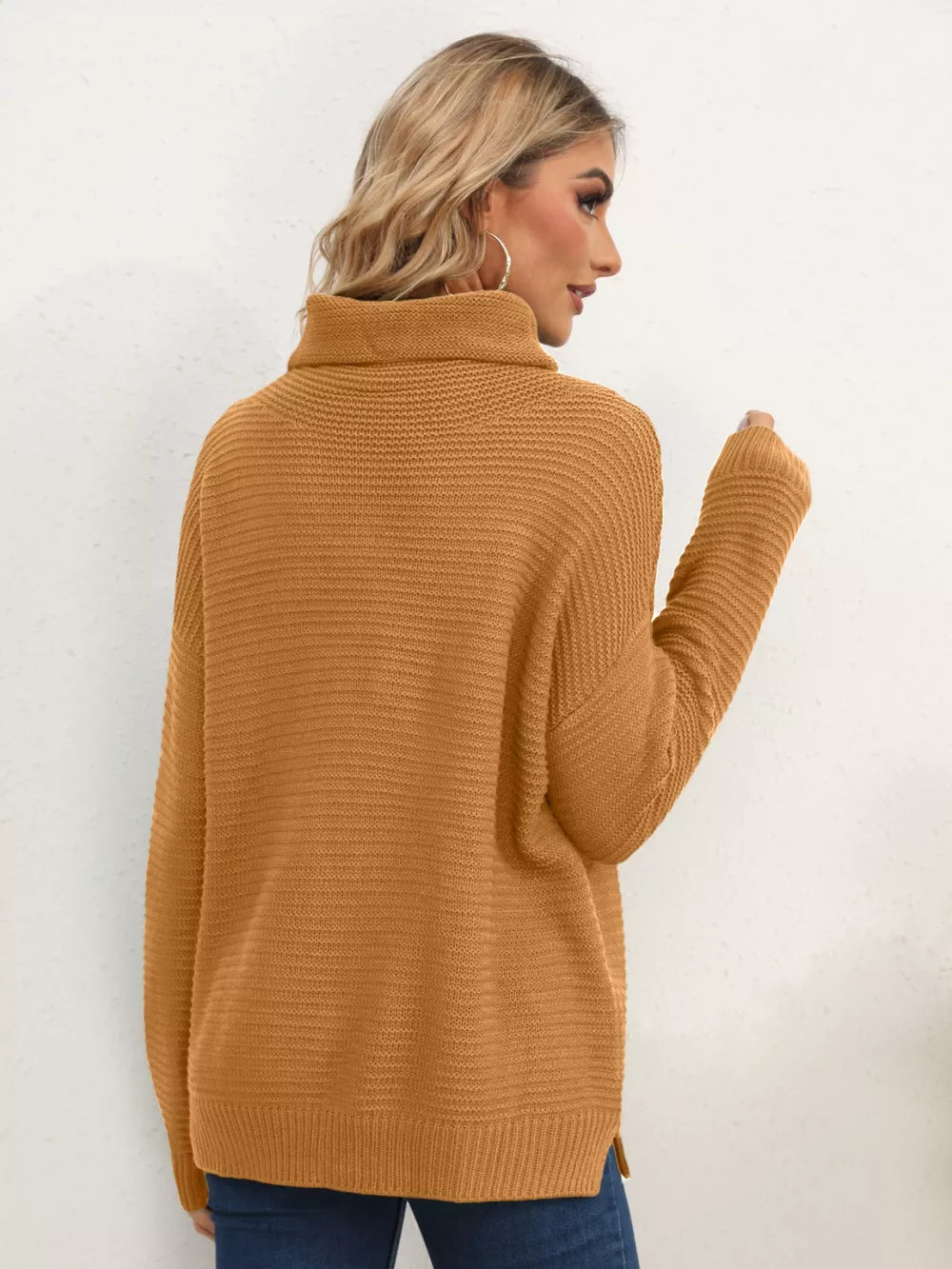 Slit Turtleneck Dropped Shoulder Sweater (14)