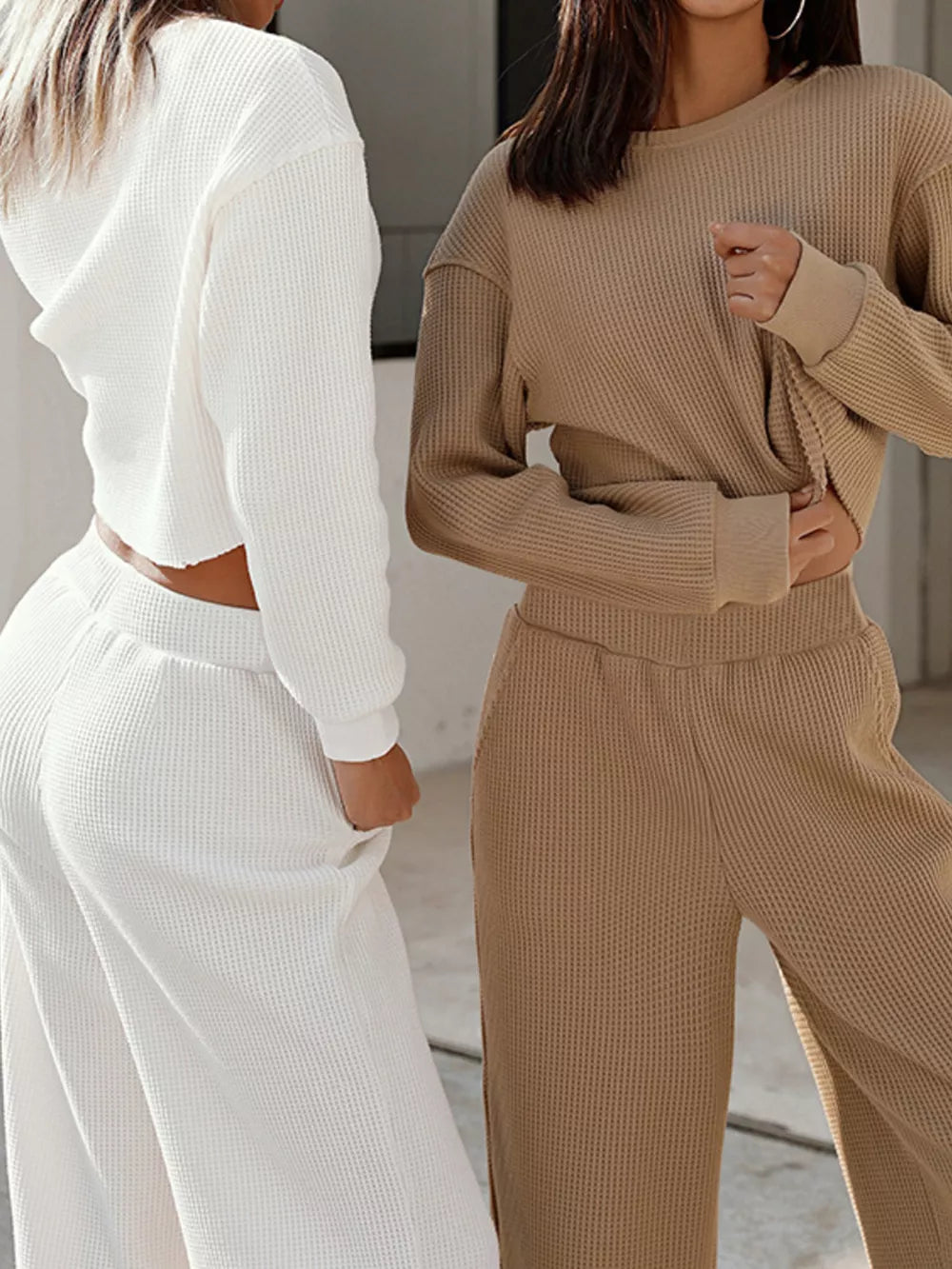 Waffle-knit Round Neck Top Pants Set (6)