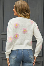 Flower Pattern Round Neck Short Sleeve Pullover Sweater (6)