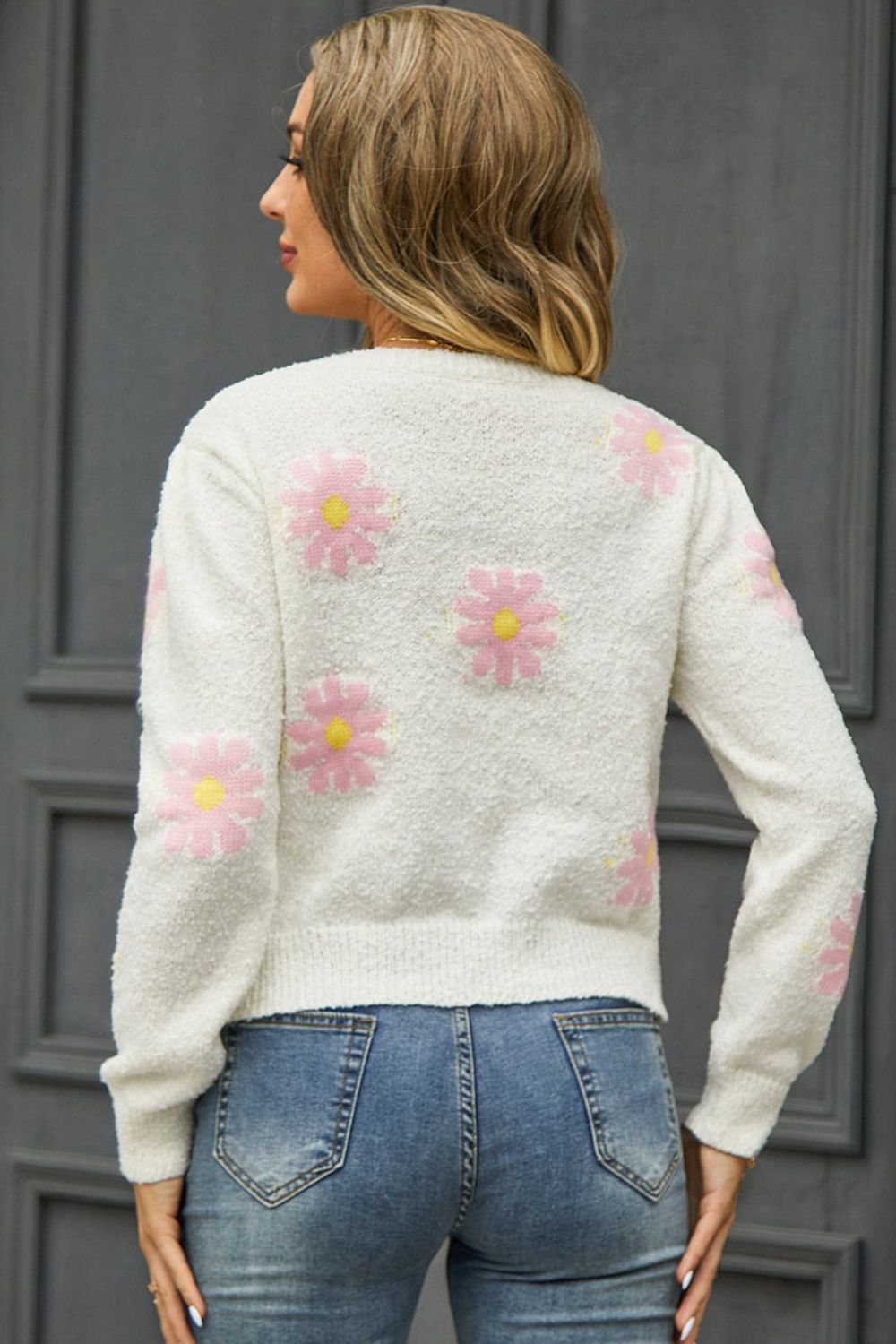 Flower Pattern Round Neck Short Sleeve Pullover Sweater (6)