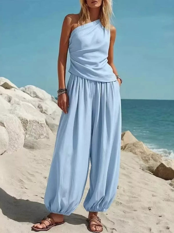 Full Size One-shoulder Top Wide-leg Pants Set Plus