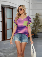 Striped Round Neck Short Sleeve T-shirt (21)
