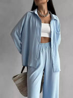 Relaxed Fit Shirt Wide Leg Pants Set (2)