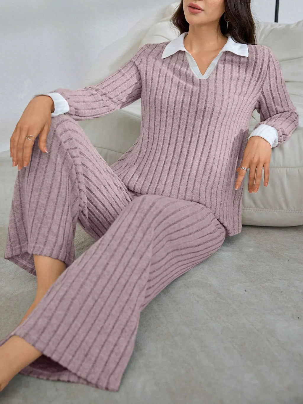 Ribbed Knit Polo Collar Top Pants Lounge Set (3)
