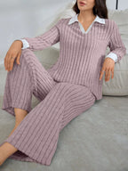 Ribbed Knit Polo Collar Top Pants Lounge Set (3)