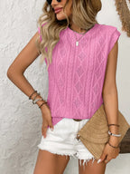 Eyelet Round Neck Cap Sleeve Top (17)