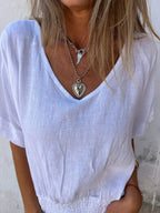 Full Size Smocked Hem V-neck Relaxed Fit T-shirt Plus (2)