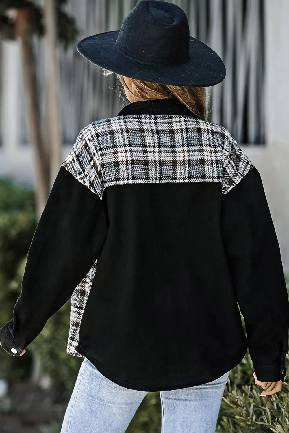 Plaid Pocketed Button Up Denim Jacket (2)