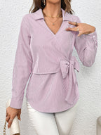 Bow Tie Waist Johnny Collar Neck Striped Blouse (5)