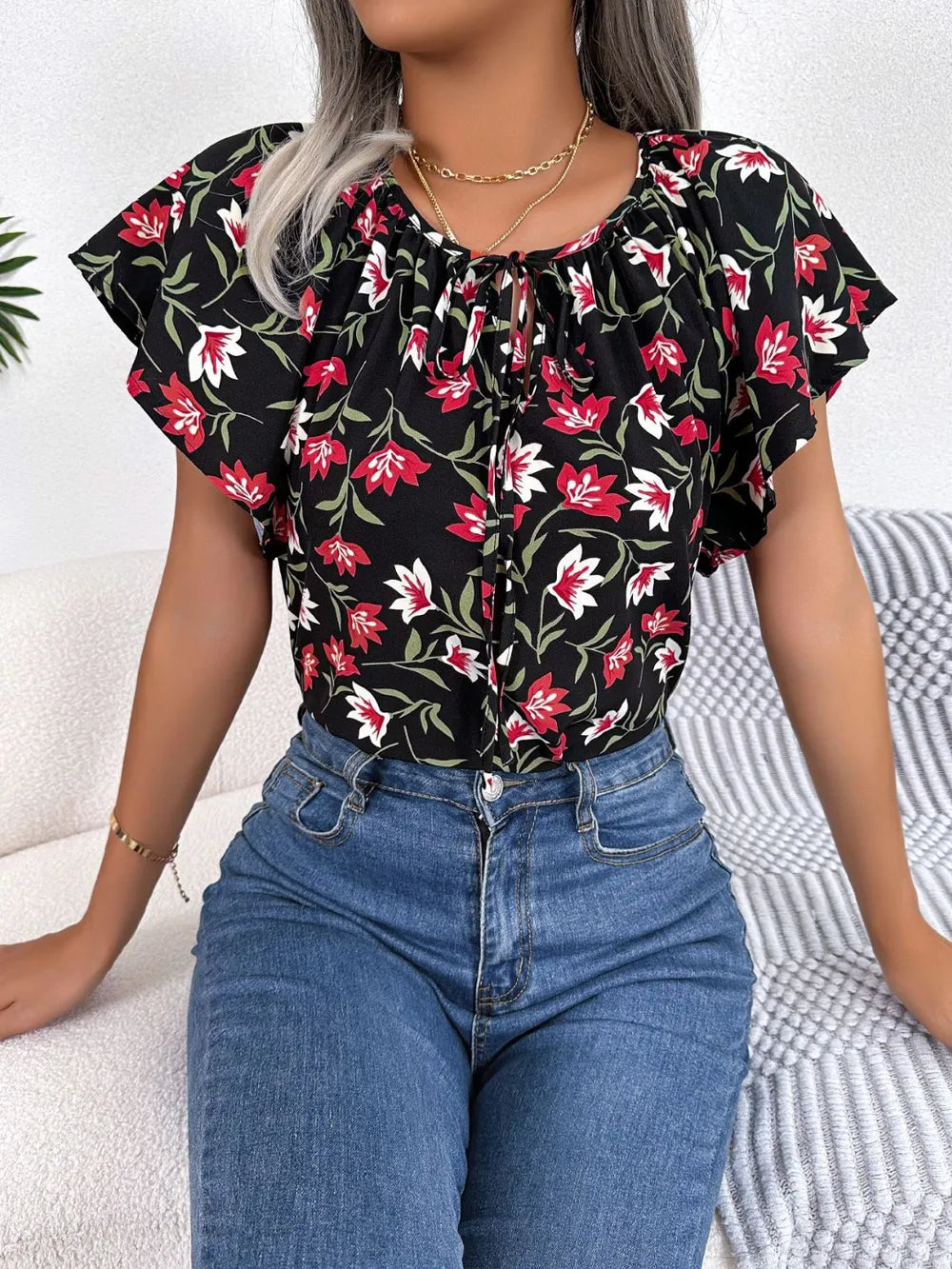 Floral Tie Neck Flutter Sleeve Blouse (4)