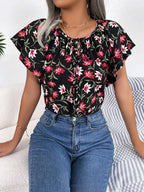 Floral Tie Neck Flutter Sleeve Blouse (4)