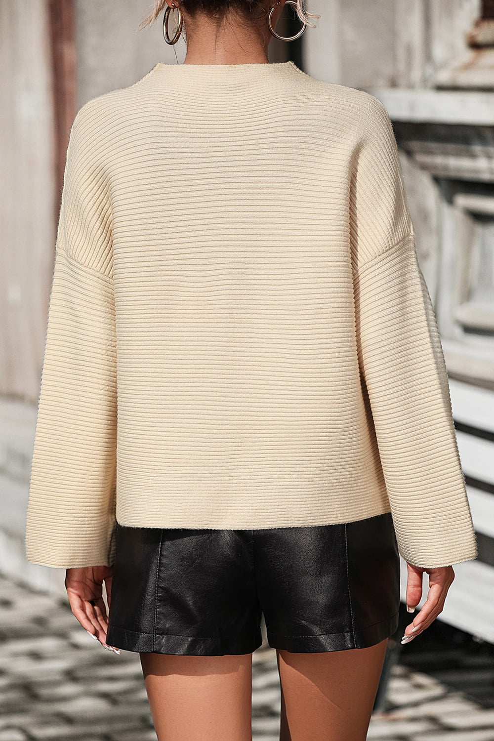 Mock Neck Dropped Shoulder Pullover Sweater (15)
