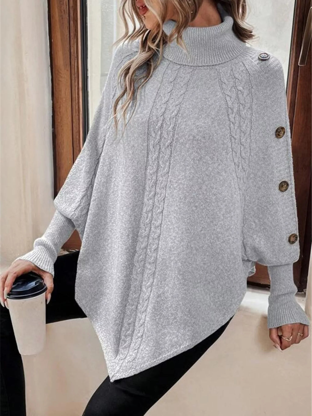 Cable Knit Turtleneck Cape Sweater (18)