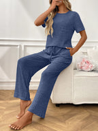Ribbed Knit Short Sleeve Top Pants Lounge Set (17)