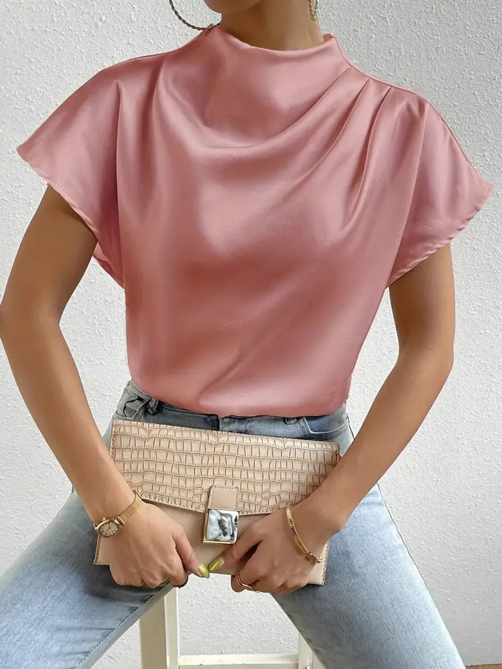 Mock Neck Short Sleeve Blouse (2)