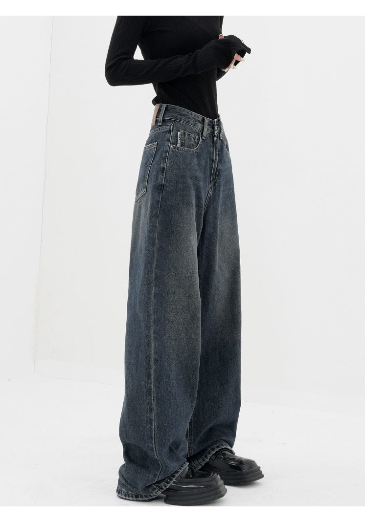 Retro Dark Blue Wide Leg Jeans Baggy Straight Trousers photo 2